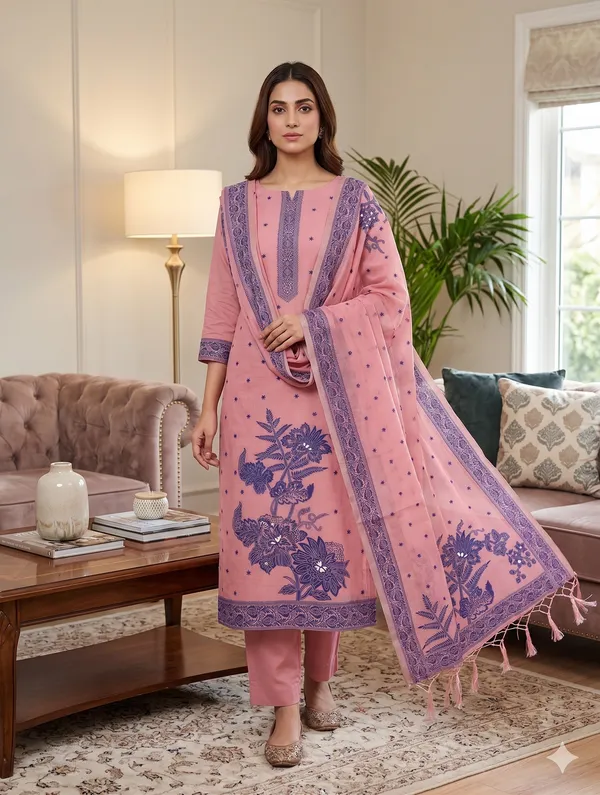Pink_Jamdani_Banarasi_Cotton_Weaving_Unstitched_Kurta_Set_For_Women