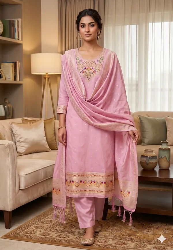 Baby_Pink_Soft_Litchi_Banarasi_Silk_Weaving_Unstitched_Kurta_Set_For_Women