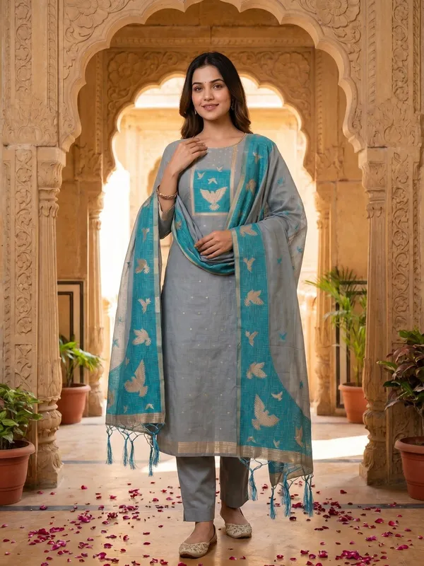 Grey_Jamdani_Banarasi_Cotton_Weaving_Unstitched_Kurta_Set_For_Women
