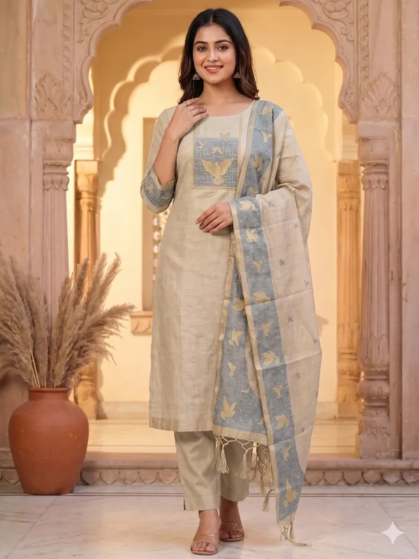 Beige_Jamdani_Banarasi_Cotton_Weaving_Unstitched_Kurta_Set_For_Women