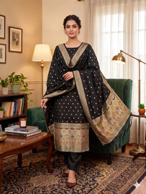Black_Soft_Litchi_Banarasi_Silk_Weaving_Unstitched_Kurta_Set_For_Women