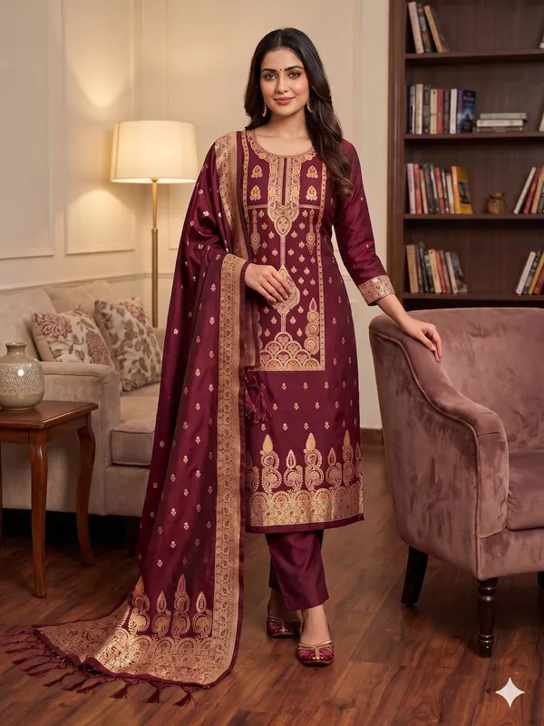 Maroon_Soft_Litchi_Banarasi_Silk_Weaving_Unstitched_Kurta_Set_For_Women