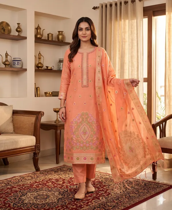 Peach_Chanderi_Banarasi_Cotton_Weaving_Unstitched_Kurta_Set_For_Women