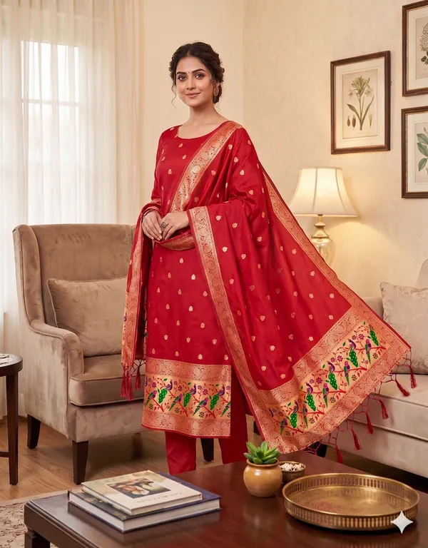 Red_Soft_Litchi_Banarasi_Silk_Weaving_Unstitched_Kurta_Set_For_Women