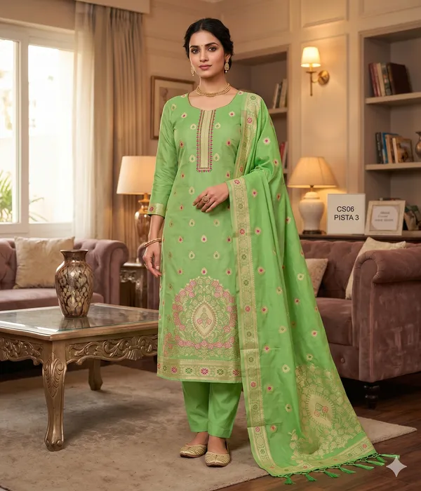 Pista_Chanderi_Banarasi_Cotton_Weaving_Unstitched_Kurta_Set_For_Women