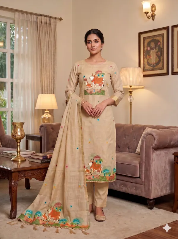 Cream_Jamdani_Banarasi_Cotton_Weaving_Unstitched_Kurta_Set_For_Women