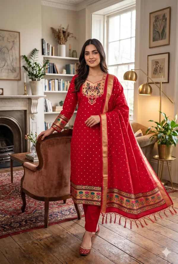 Red_Soft_Litchi_Banarasi_Silk_Weaving_Unstitched_Kurta_Set_For_Women