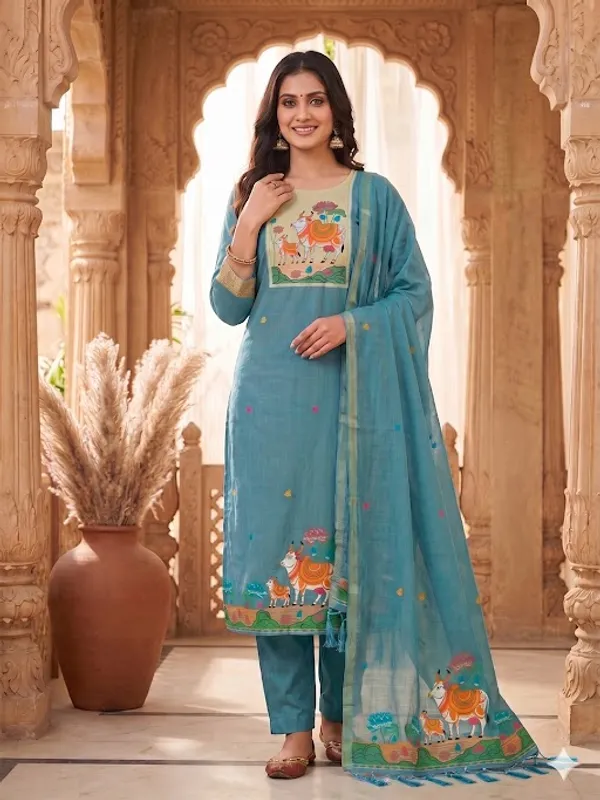 Sky_Blue_Jamdani_Banarasi_Cotton_Weaving_Unstitched_Kurta_Set_For_Women