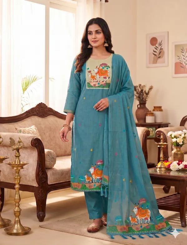 Sky_Blue_Jamdani_Banarasi_Cotton_Weaving_Unstitched_Kurta_Set_For_Women