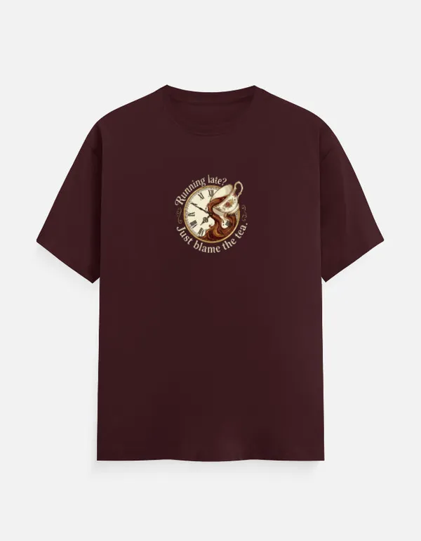 Running_Late_Just_Blame_The_Tea_Classic_Crew_T_Shirt_Maroon