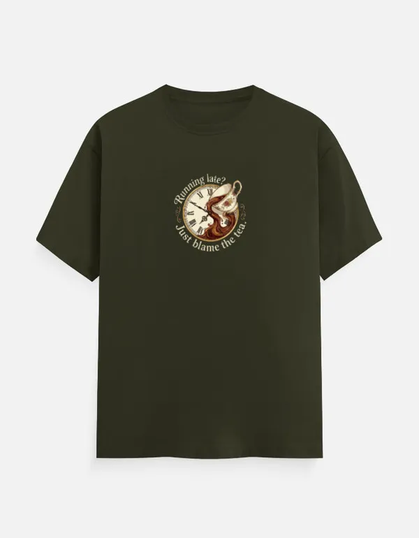 Running_Late_Just_Blame_The_Tea_Classic_Crew_T_Shirt_Olive_Green