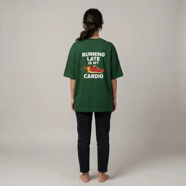 Running_Late_Is_My_Cardio_Unisex_Oversized_T_Shirt_Bottle_Green