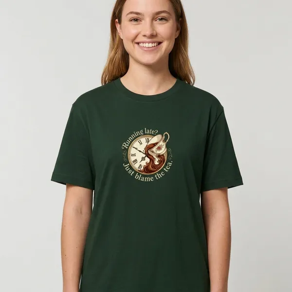 Running_Late_Just_Blame_The_Tea_Classic_Crew_T_Shirt_Bottle_Green