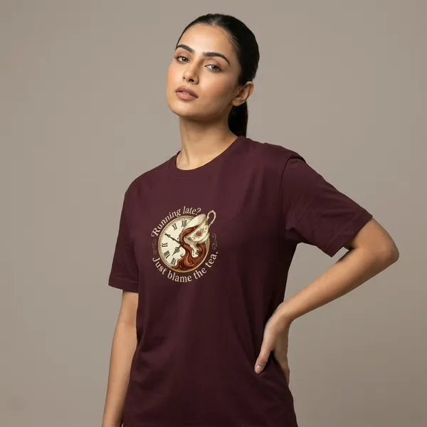Running_Late_Just_Blame_The_Tea_Classic_Crew_T_Shirt_Maroon