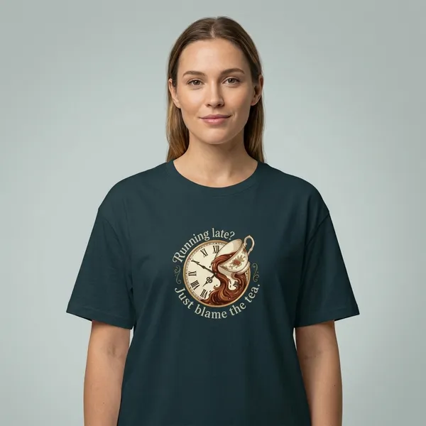Running_Late_Just_Blame_The_Tea_Classic_Crew_T_Shirt_Petrol_Blue