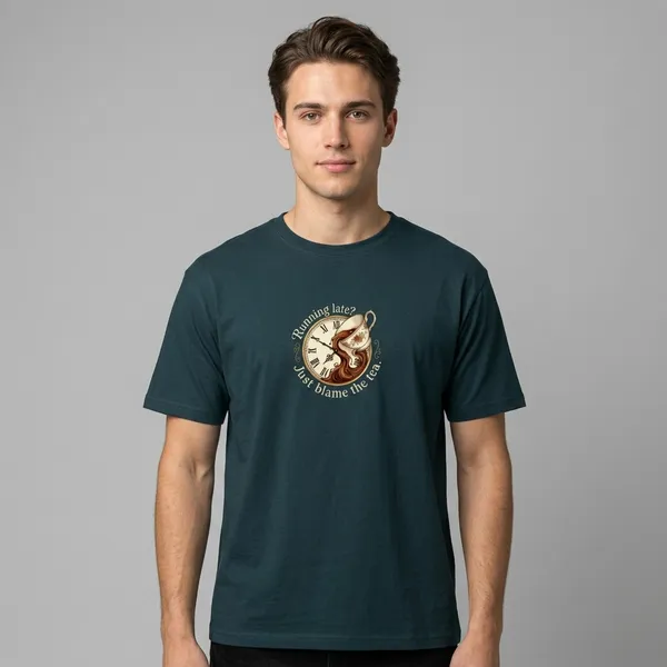 Running_Late_Just_Blame_The_Tea_Classic_Crew_T_Shirt_Petrol_Blue