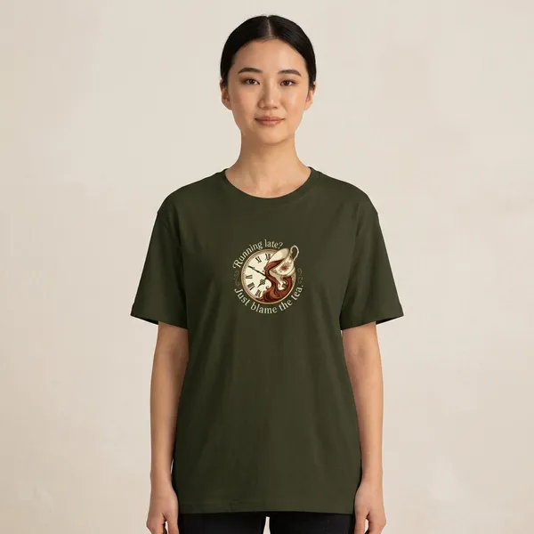 Running_Late_Just_Blame_The_Tea_Classic_Crew_T_Shirt_Olive_Green