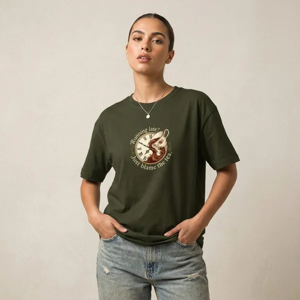Running_Late_Just_Blame_The_Tea_Classic_Crew_T_Shirt_Olive_Green