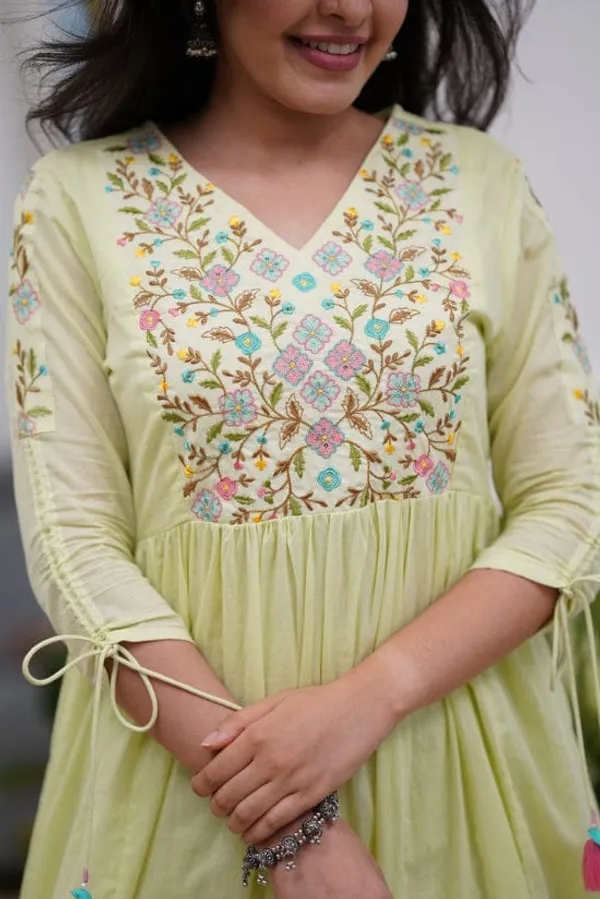 Presenting_New_Designer_Festival_Collection_In_Pure_Cotton_With_Embroidery_work_And_Dori_in_sleeves.Anarkali__kurta_And_Dupatta_Set_Fully_Stitched_Ready_To_Wear