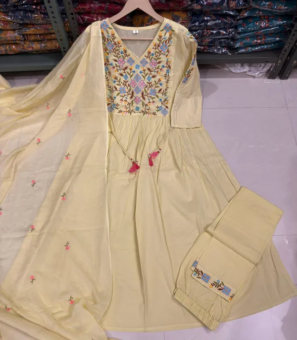 Presenting_New_Designer_Festival_Collection_In_Pure_Cotton_With_Embroidery_work_And_Dori_in_sleeves.Anarkali__kurta_And_Dupatta_Set_Fully_Stitched_Ready_To_Wear