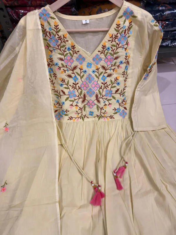 Presenting_New_Designer_Festival_Collection_In_Pure_Cotton_With_Embroidery_work_And_Dori_in_sleeves.Anarkali__kurta_And_Dupatta_Set_Fully_Stitched_Ready_To_Wear