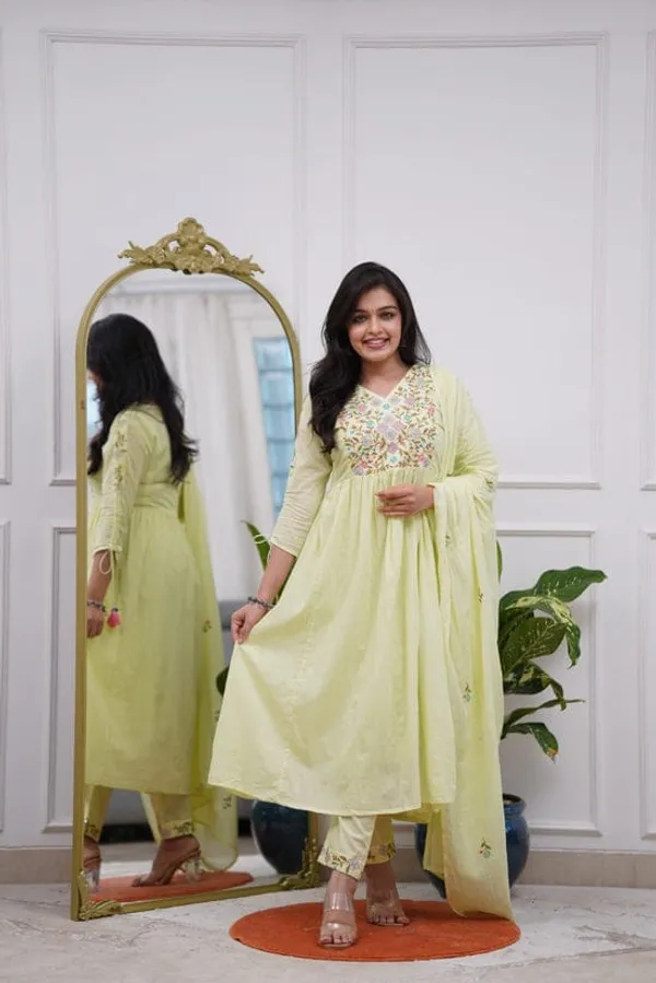 Presenting_New_Designer_Festival_Collection_In_Pure_Cotton_With_Embroidery_work_And_Dori_in_sleeves.Anarkali__kurta_And_Dupatta_Set_Fully_Stitched_Ready_To_Wear
