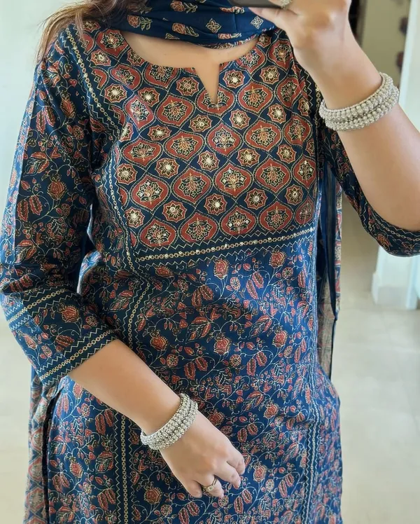 Navy_Blue_Cotton_Ajrakh_Print_Straight_Kurta_Set_For_Women