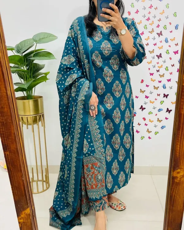 Teal_Blue_Cotton_Paisley_Print_Straight_Kurta_Set_For_Women