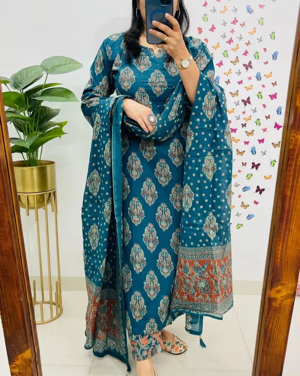 Teal_Blue_Cotton_Paisley_Print_Straight_Kurta_Set_For_Women