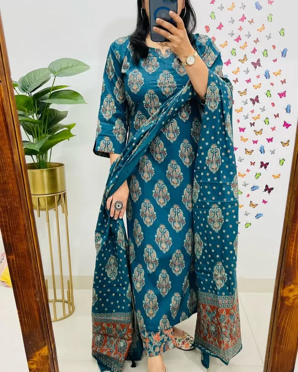 Teal_Blue_Cotton_Paisley_Print_Straight_Kurta_Set_For_Women