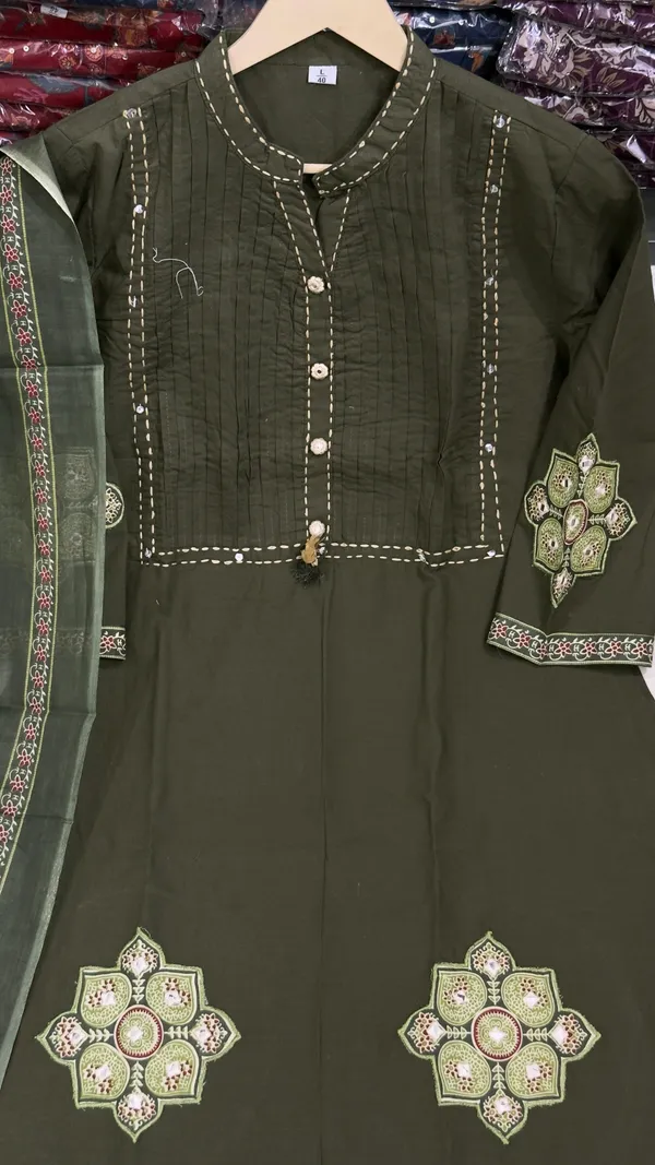 Olive_green_Ajrakh_printed_Cotton_Anarkali_Suit_Set
