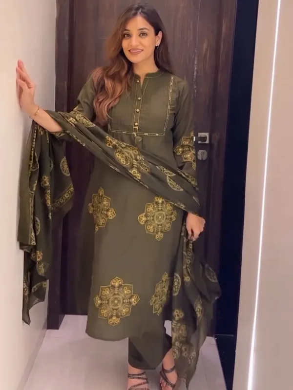 Olive_green_Ajrakh_printed_Cotton_Anarkali_Suit_Set