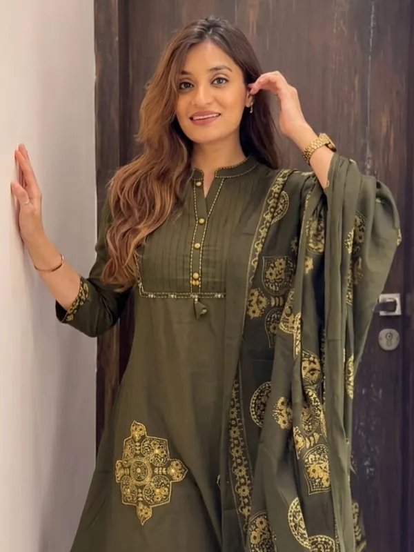 Olive_green_Ajrakh_printed_Cotton_Anarkali_Suit_Set