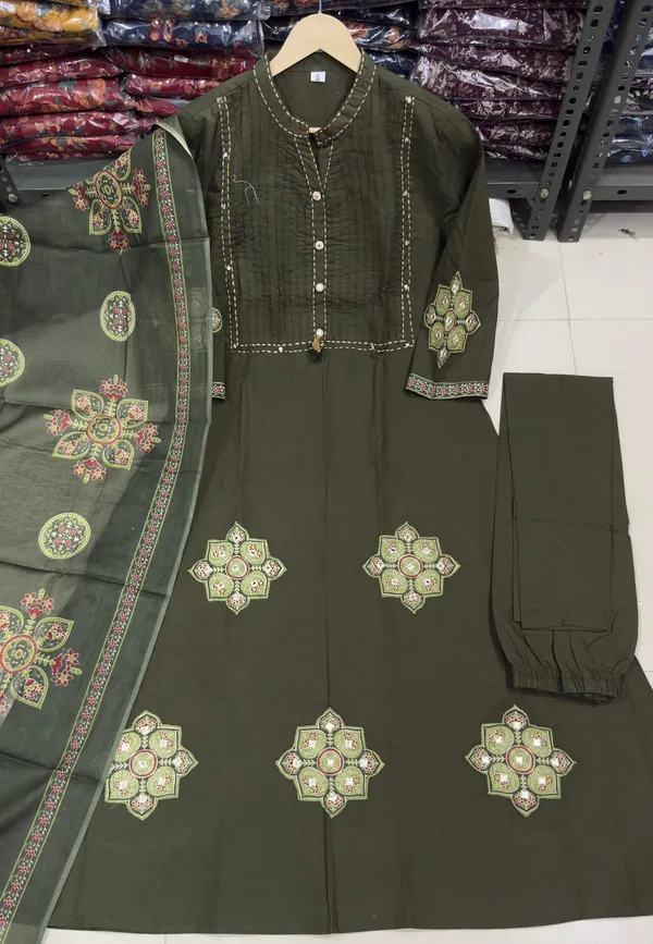 Olive_green_Ajrakh_printed_Cotton_Anarkali_Suit_Set