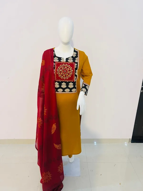 Women's_Mustard_Embroidered_Yoke_Cotton_Straight_Kurta_Pant_with_Malmal_Dupatta_Set