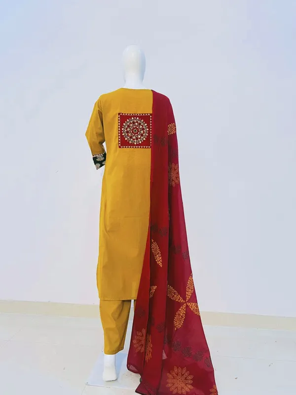 Women's_Mustard_Embroidered_Yoke_Cotton_Straight_Kurta_Pant_with_Malmal_Dupatta_Set