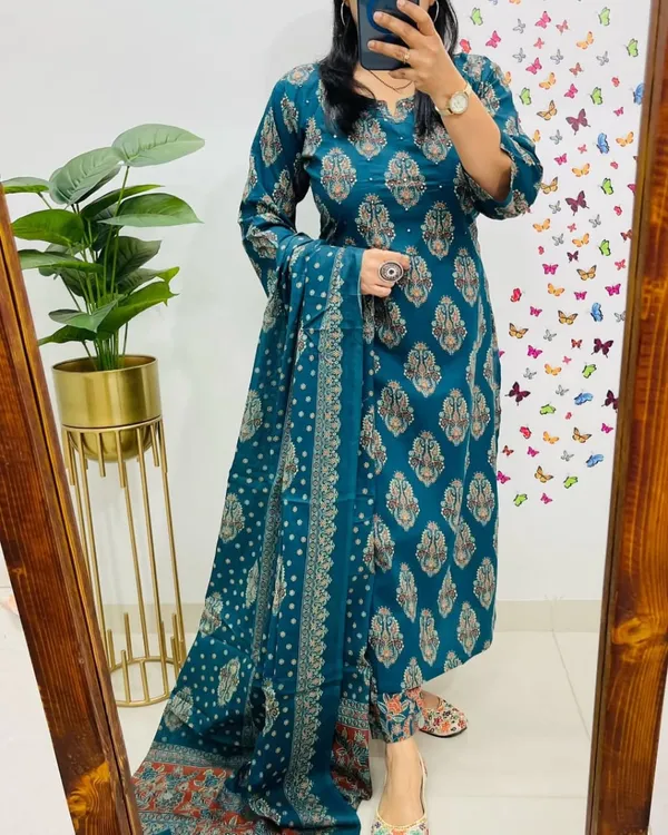 Teal_Blue_Cotton_Paisley_Print_Straight_Kurta_Set_For_Women