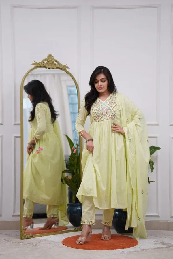 Presenting_New_Designer_Festival_Collection_In_Pure_Cotton_With_Embroidery_work_And_Dori_in_sleeves.Anarkali__kurta_And_Dupatta_Set_Fully_Stitched_Ready_To_Wear