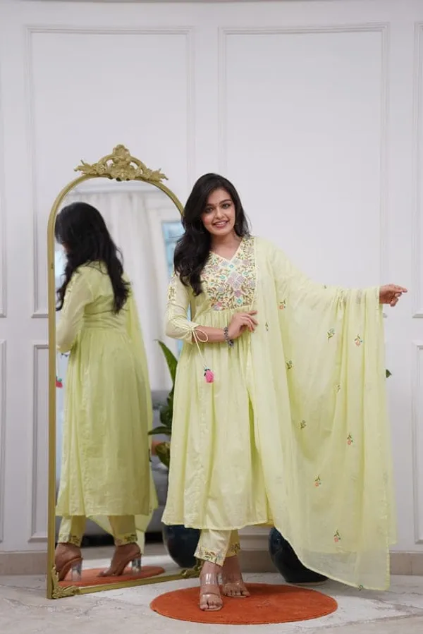 Presenting_New_Designer_Festival_Collection_In_Pure_Cotton_With_Embroidery_work_And_Dori_in_sleeves.Anarkali__kurta_And_Dupatta_Set_Fully_Stitched_Ready_To_Wear