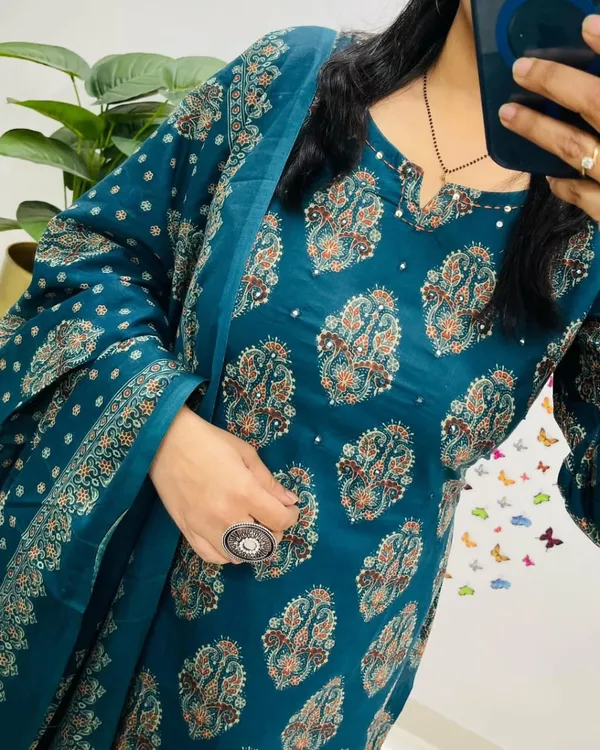 Teal_Blue_Cotton_Paisley_Print_Straight_Kurta_Set_For_Women