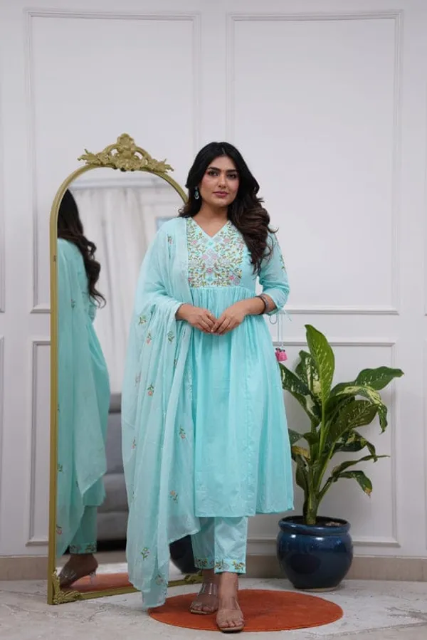 Presenting_New_Designer_Festival_Collection_In_Pure_Cotton_With_Embroidery_work_And_Dori_in_sleeves.Anarkali__kurta_And_Dupatta_Set_Fully_Stitched_Ready_To_Wear