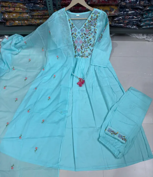 Presenting_New_Designer_Festival_Collection_In_Pure_Cotton_With_Embroidery_work_And_Dori_in_sleeves.Anarkali__kurta_And_Dupatta_Set_Fully_Stitched_Ready_To_Wear