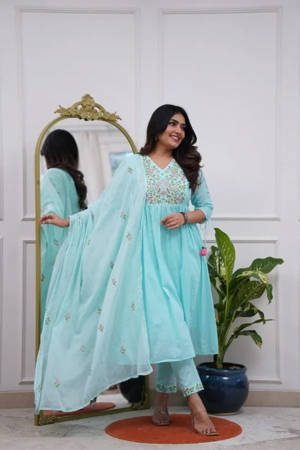 Presenting_New_Designer_Festival_Collection_In_Pure_Cotton_With_Embroidery_work_And_Dori_in_sleeves.Anarkali__kurta_And_Dupatta_Set_Fully_Stitched_Ready_To_Wear