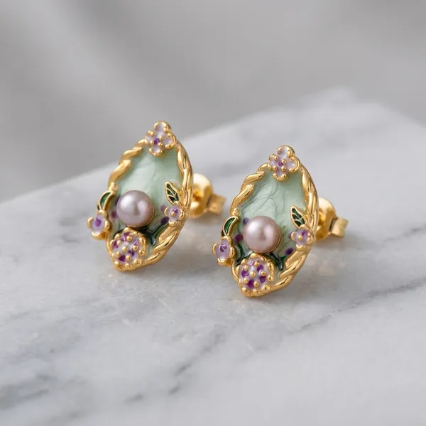 SUGA_-_Gold_Tone_Jade_Pearl_Flower_Stud_Earrings