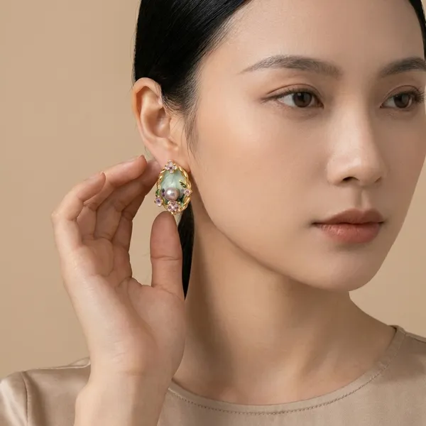 SUGA_-_Gold_Tone_Jade_Pearl_Flower_Stud_Earrings