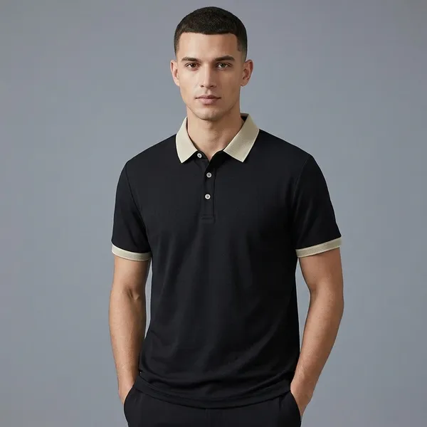 Black_Relaxed_Fit_Contrast_Collar_Polo_T_Shirt_For_Men