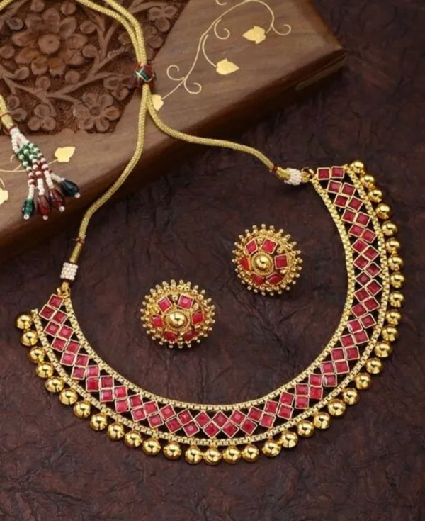 Ethnic_Gold_Choker_Necklace_With_Red_Stone_Work_&_Earrings_Set