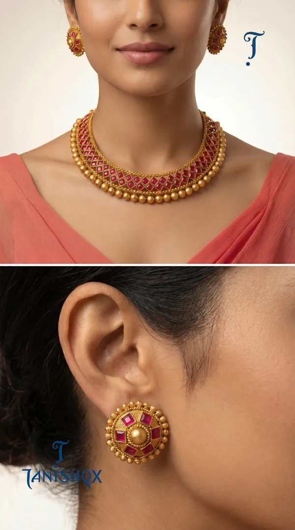 Ethnic_Gold_Choker_Necklace_With_Red_Stone_Work_&_Earrings_Set