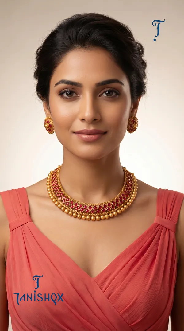 Ethnic_Gold_Choker_Necklace_With_Red_Stone_Work_&_Earrings_Set