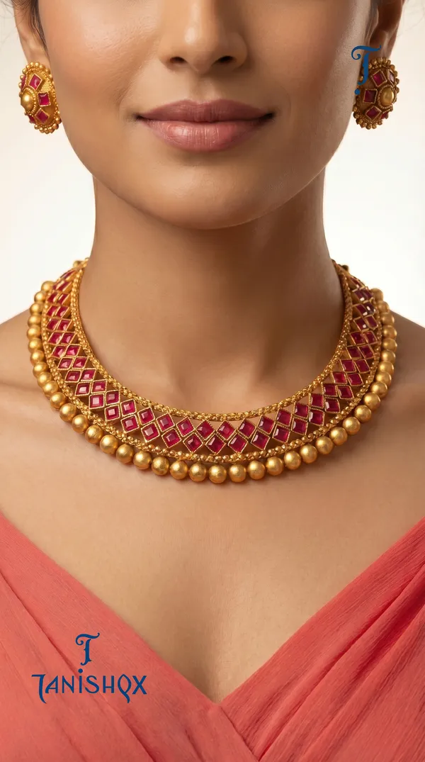 Ethnic_Gold_Choker_Necklace_With_Red_Stone_Work_&_Earrings_Set